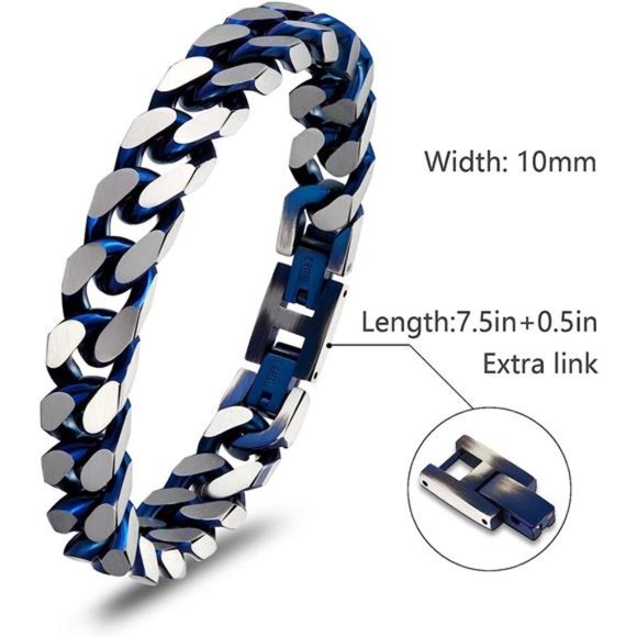 Bracelets for Men-Stainless Steel Fold Over Clasp Cuban Chain Mens Bracelet - Picture 3 of 6